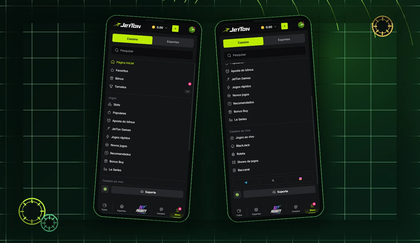 Menu JetTon aberto no celular com acesso às áreas da conta